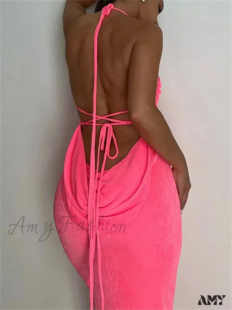 Amy Fashion - Sleeveless Backless Drawstring Hollow Out Sexy Split    Summer Women Party Y2K Beach Vestidos