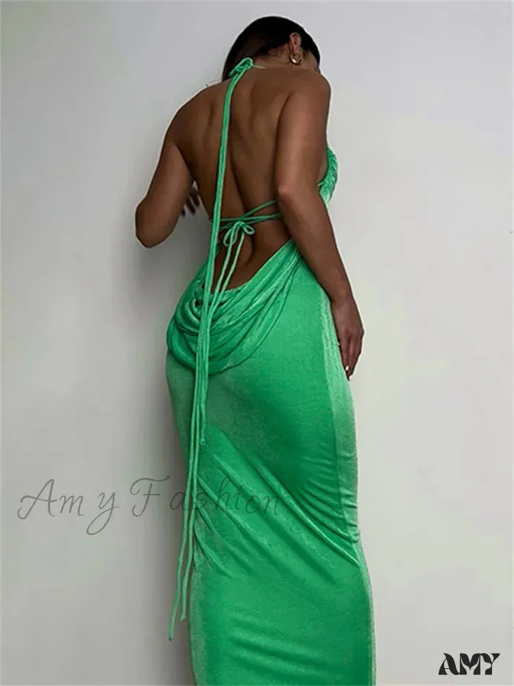 Amy Fashion - Sleeveless Backless Drawstring Hollow Out Sexy Split    Summer Women Party Y2K Beach Vestidos