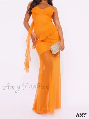 Amy Fashion - Vintage Women V-neck Ruffles  Spaghetti Strap Solid Color Summer Party Beach Female Vestidos  New