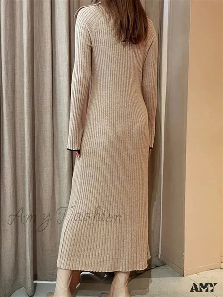 Amy Fashion - Women Ribbed Knitted   Flare Sleeve Lapel Solid Color Party Going Out Female Vestidos Streetwear