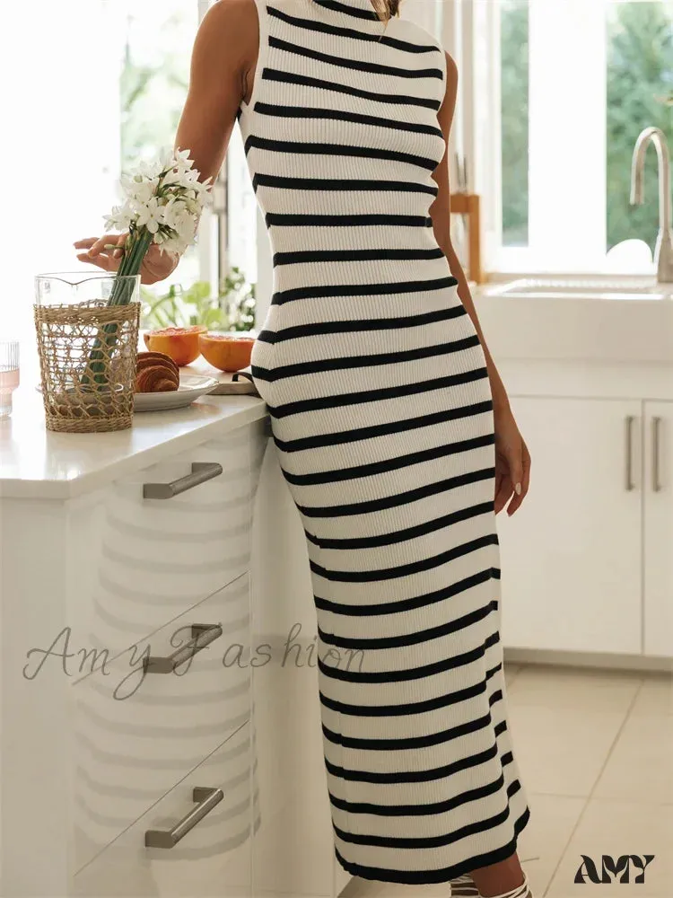 Amy Fashion - Women Summer Knitted  Striped Print Sleeveless High Neck Split Slim Fit Party Tank  Streetwear