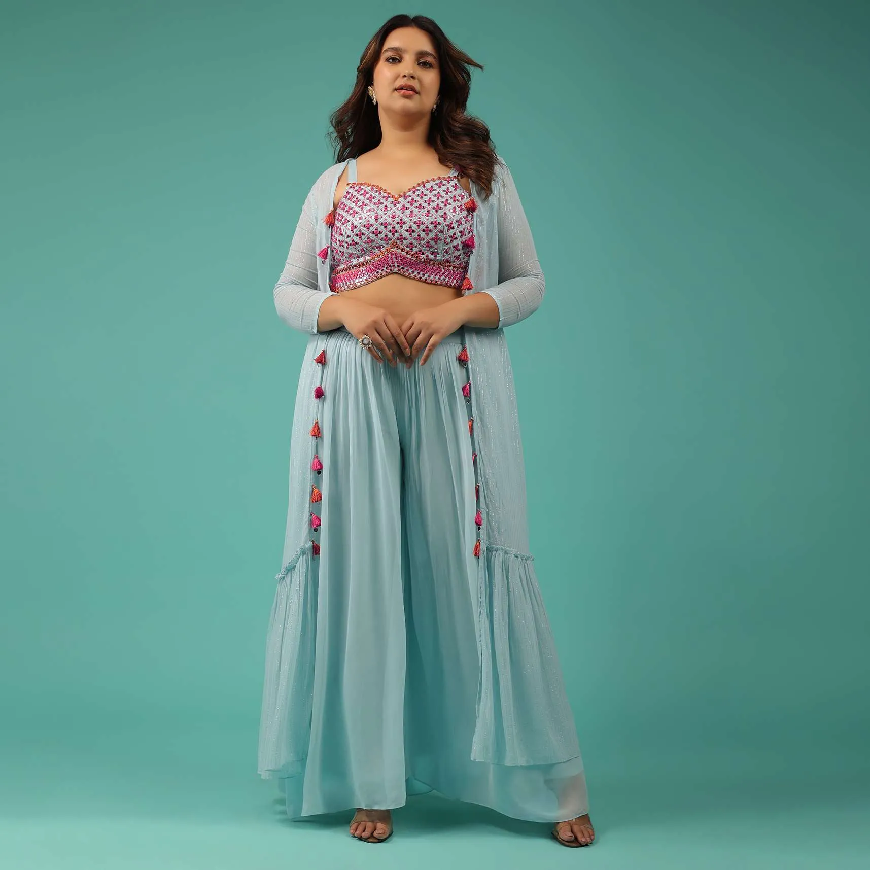 Blue Haze Palazzo Suit With Mirror, Abla, And Resham Work And Long Jacket
