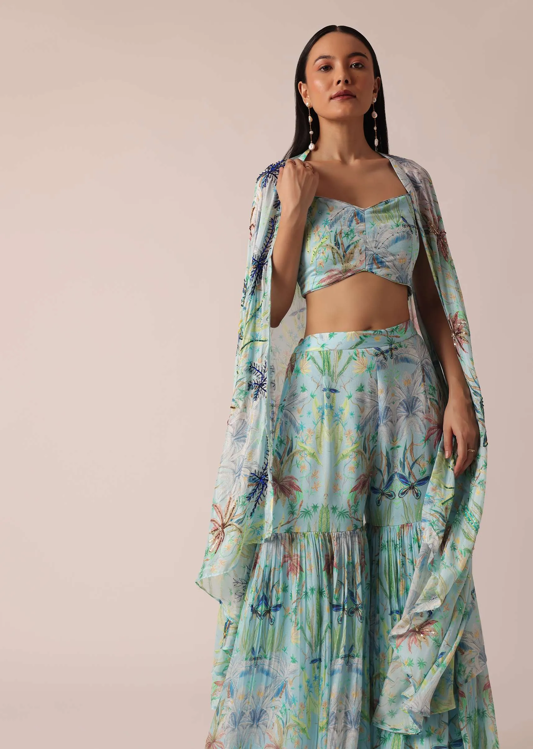 Blue Printed Indo Fusion Jacket Set