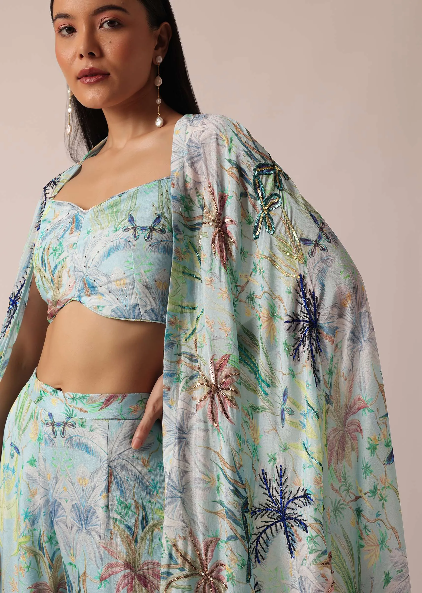 Blue Printed Indo Fusion Jacket Set