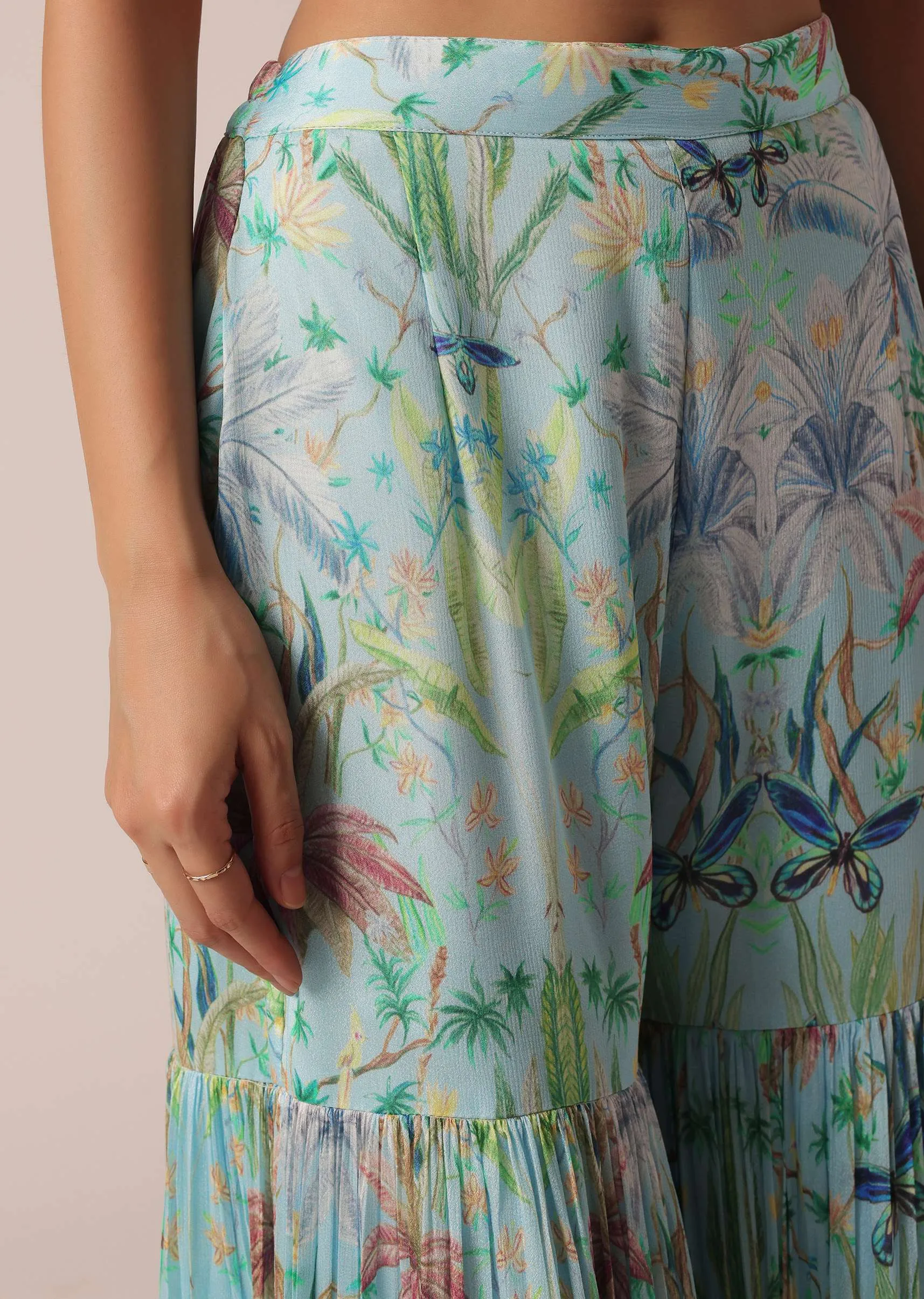 Blue Printed Indo Fusion Jacket Set