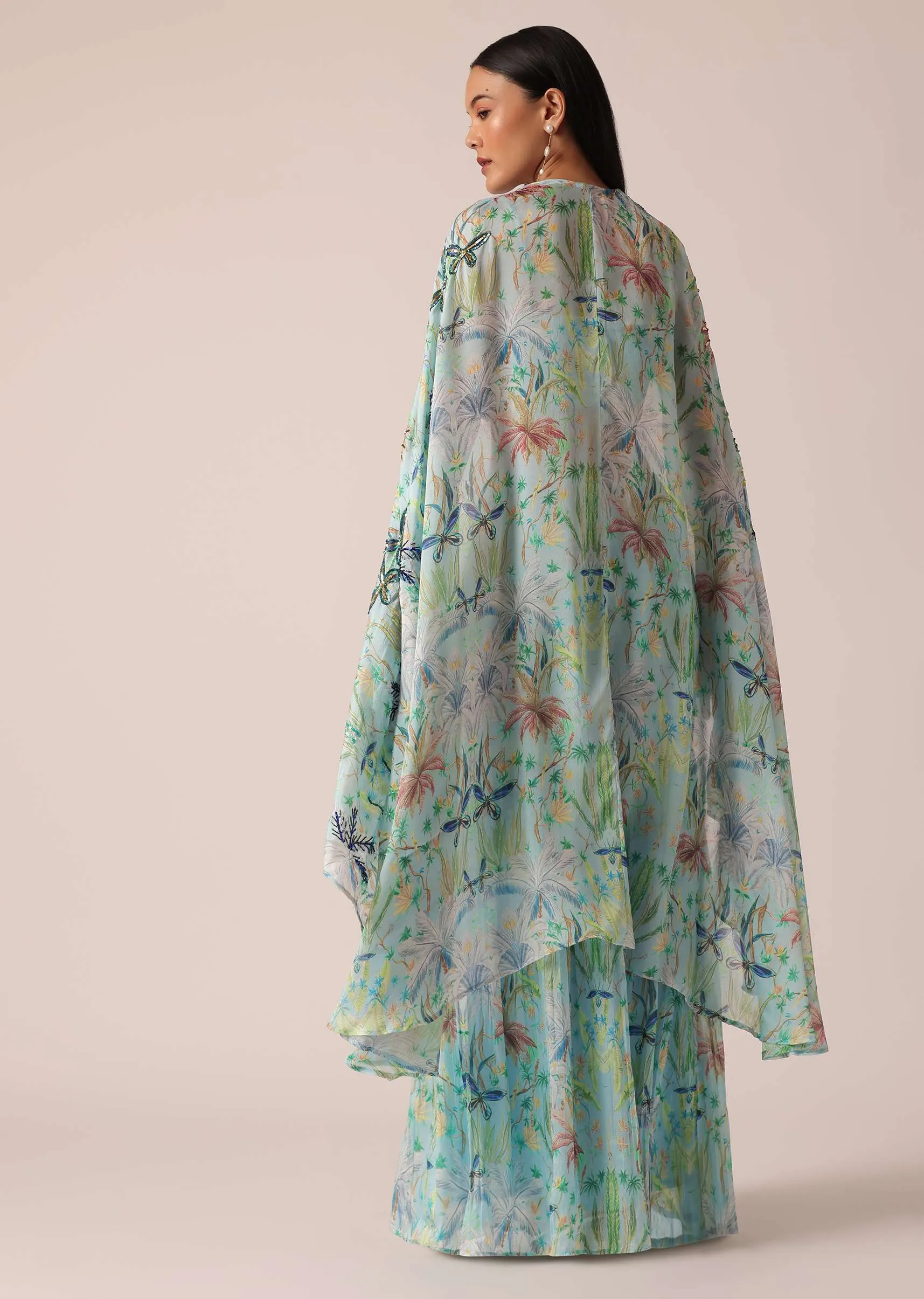 Blue Printed Indo Fusion Jacket Set