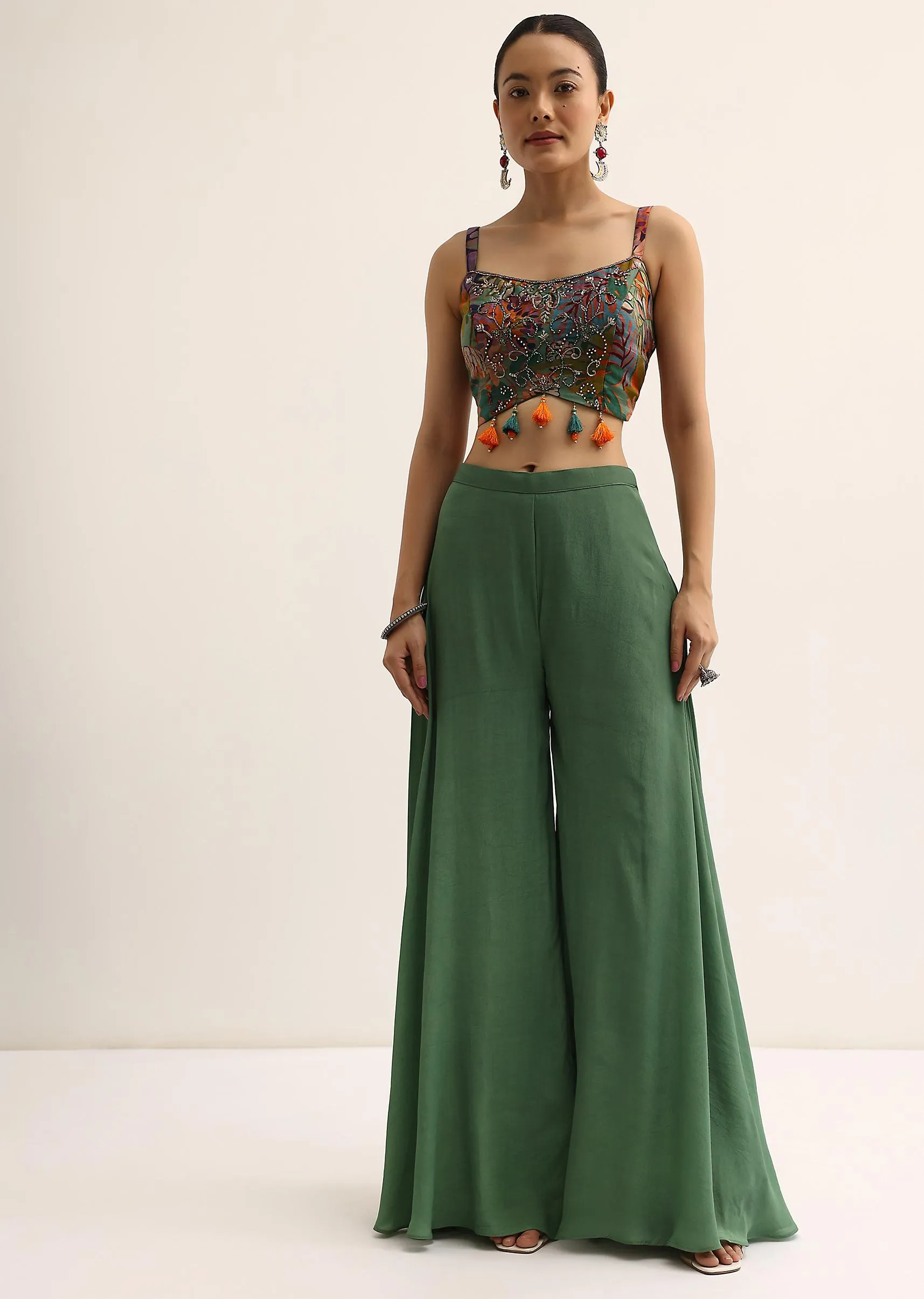 Mehendi Green Printed Jacket And Palazzo Set