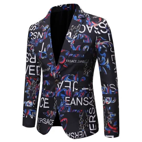 Mens Blazer Letter Print Slim Single-button Hip Hop Suit Jacket