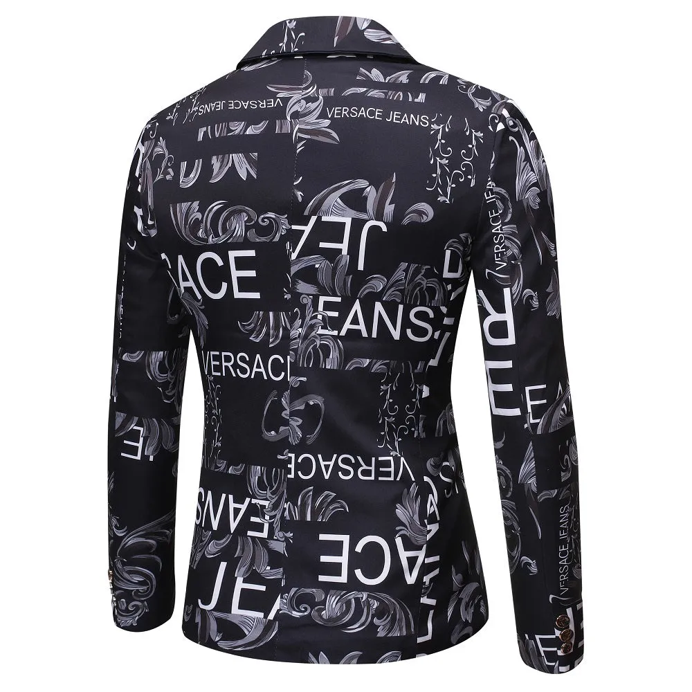 Mens Blazer Letter Print Slim Single-button Hip Hop Suit Jacket