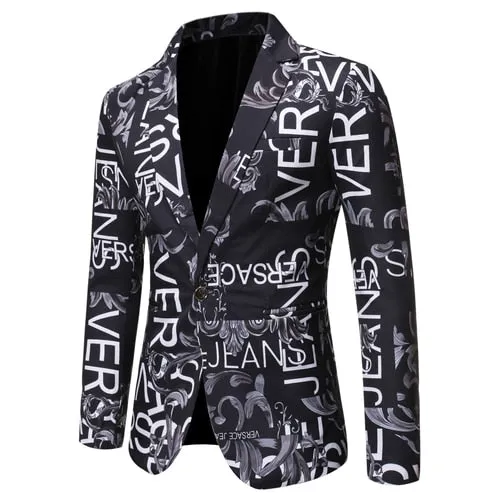 Mens Blazer Letter Print Slim Single-button Hip Hop Suit Jacket