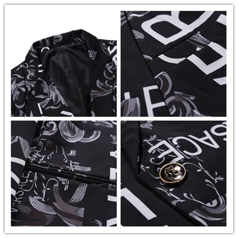 Mens Blazer Letter Print Slim Single-button Hip Hop Suit Jacket