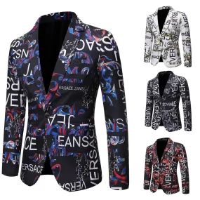 Mens Blazer Letter Print Slim Single-button Hip Hop Suit Jacket