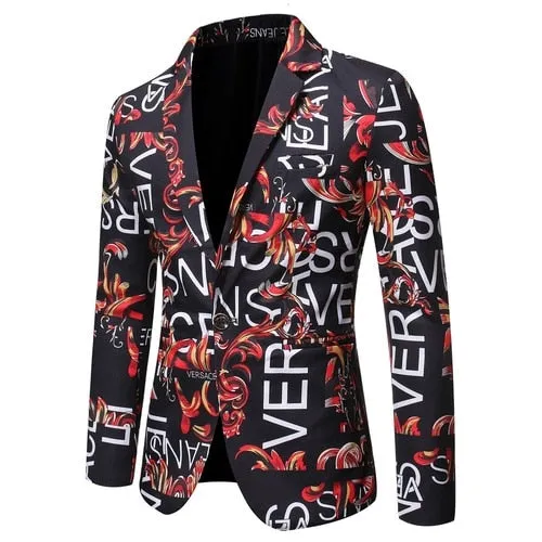 Mens Blazer Letter Print Slim Single-button Hip Hop Suit Jacket