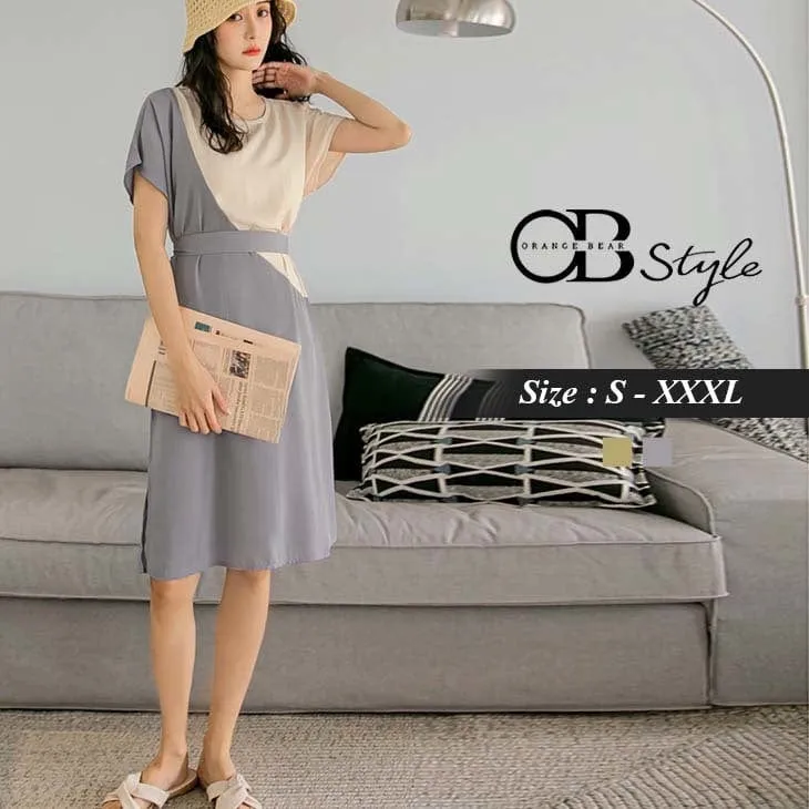ORANGEBEAR BOW WAIST CONTRAST COLOR DRESS