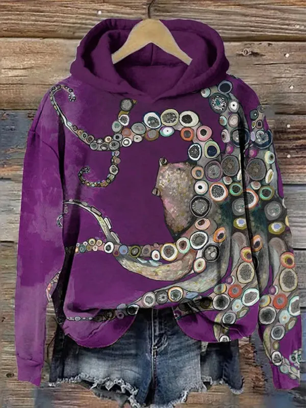 Printed Long Sleeves Hooded Hoodies Tops