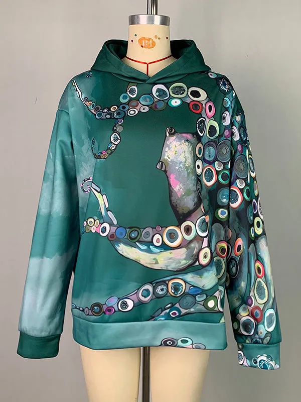 Printed Long Sleeves Hooded Hoodies Tops