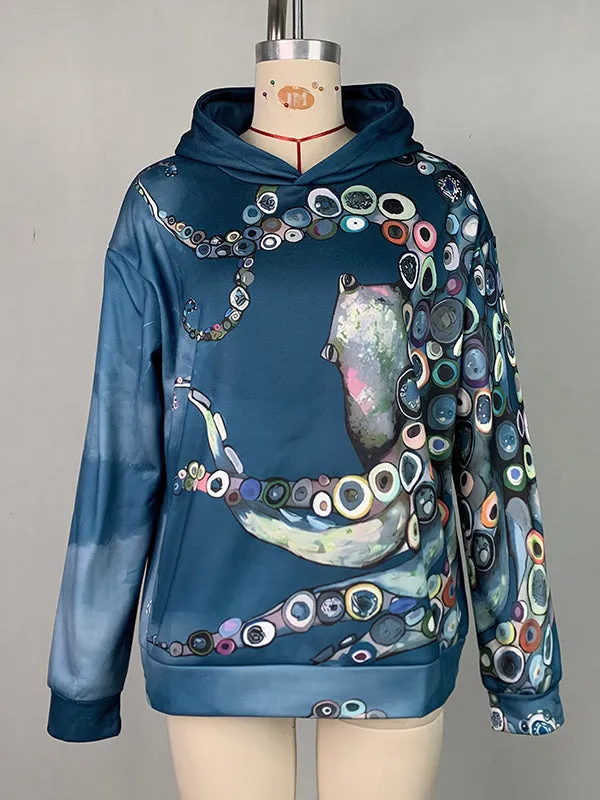 Printed Long Sleeves Hooded Hoodies Tops