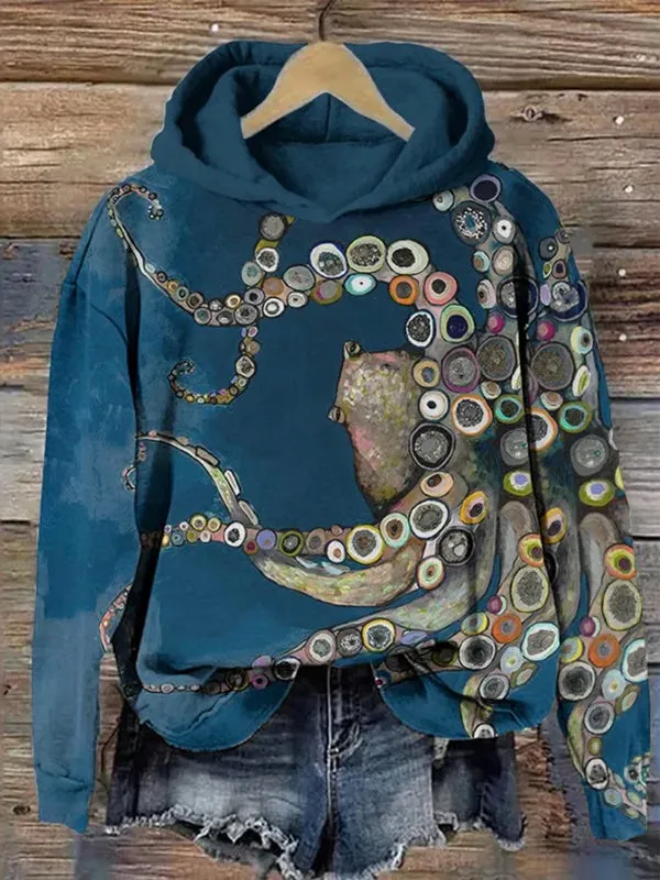 Printed Long Sleeves Hooded Hoodies Tops