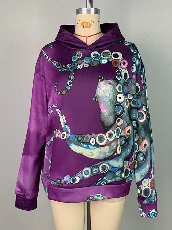 Printed Long Sleeves Hooded Hoodies Tops