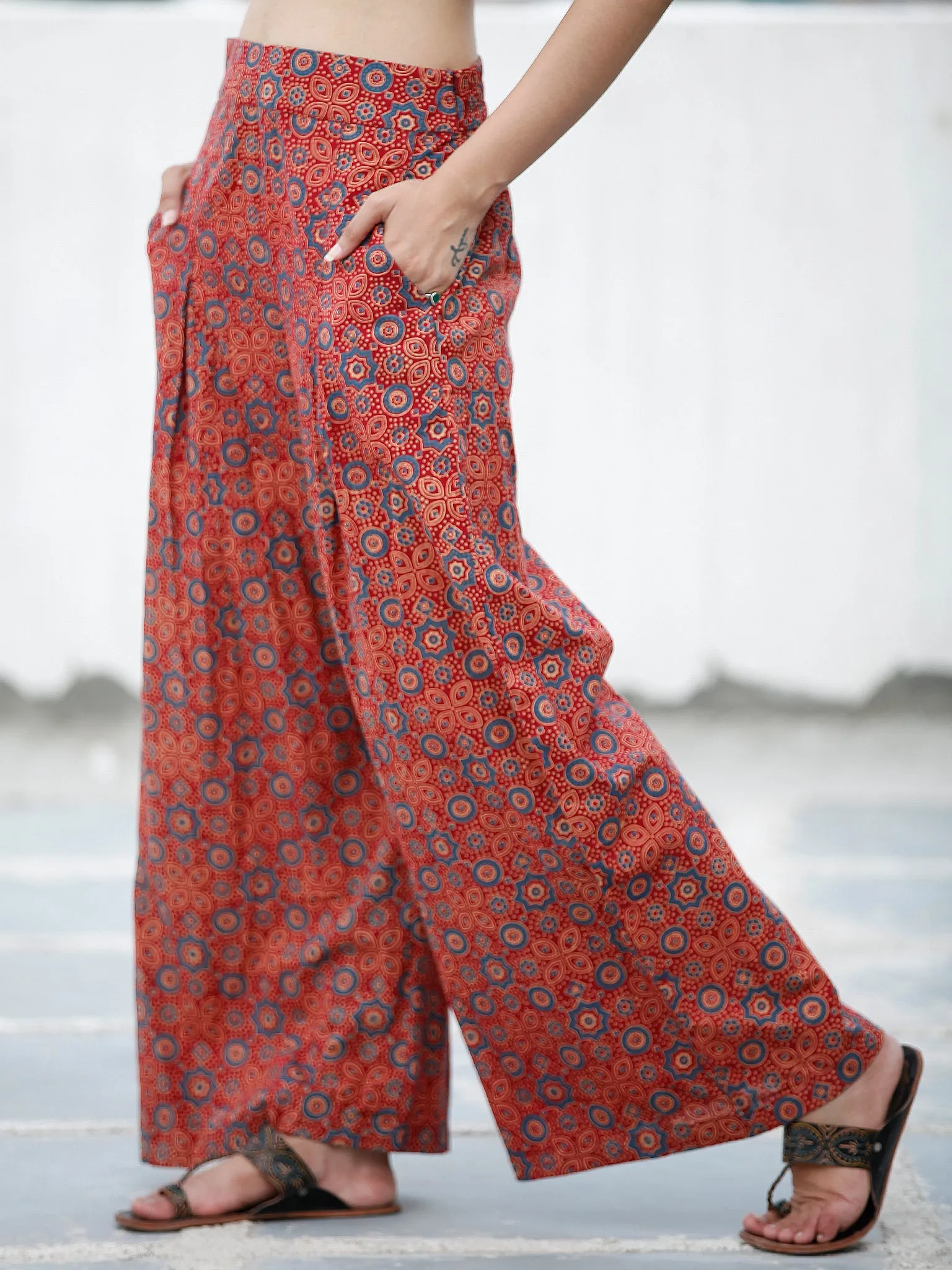 Red Indigo Ivory Ajrakh Hand Block Printed Semi Elasticated Waist Pleated Cotton Palazzo - P11F705