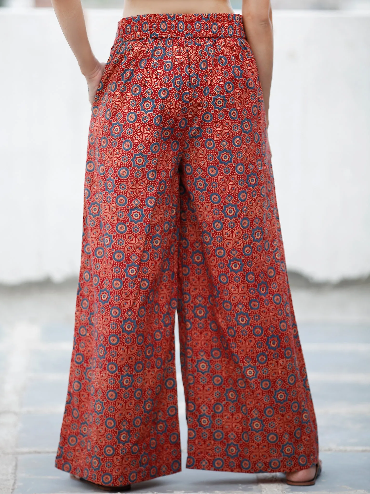 Red Indigo Ivory Ajrakh Hand Block Printed Semi Elasticated Waist Pleated Cotton Palazzo - P11F705