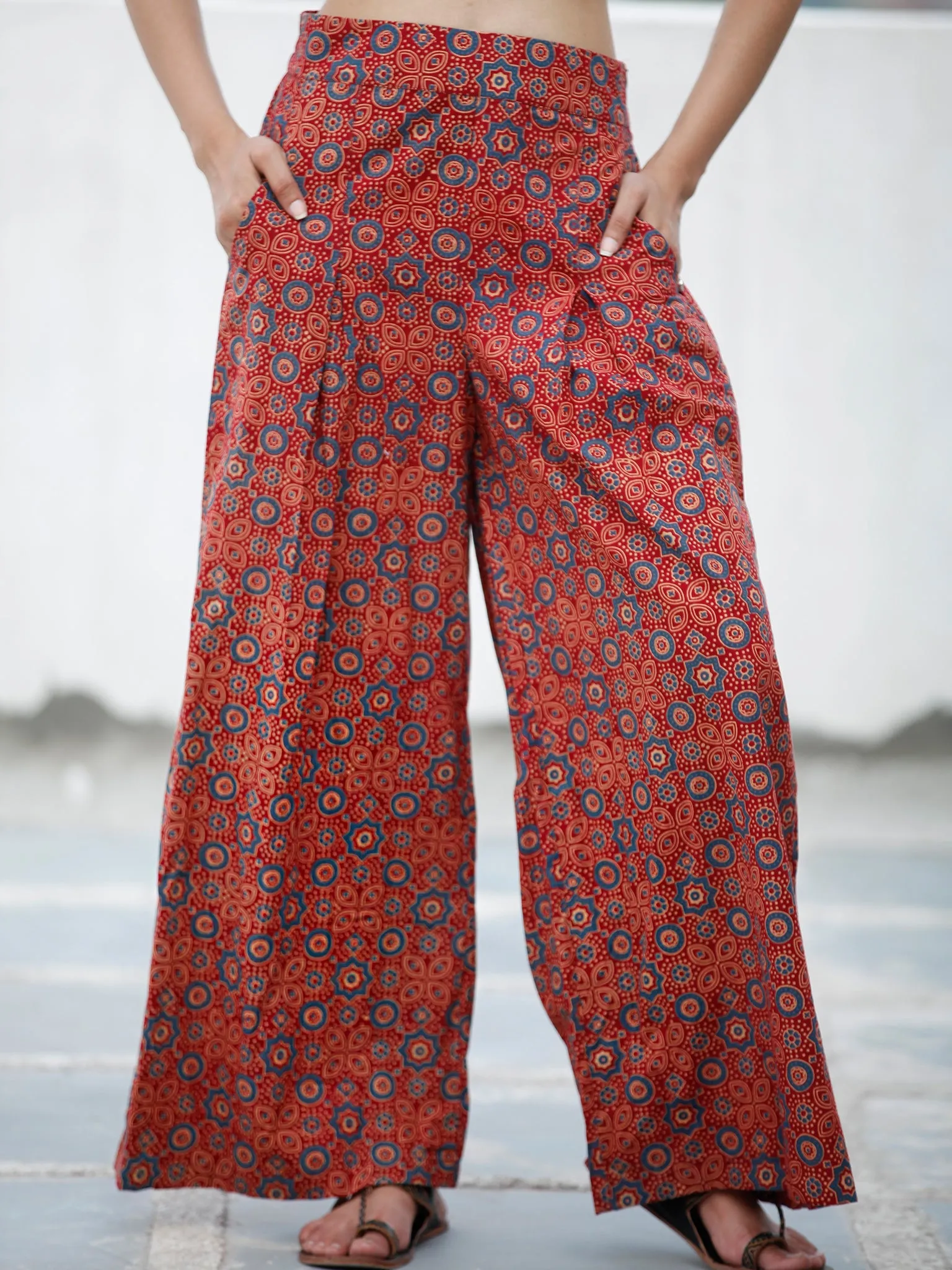 Red Indigo Ivory Ajrakh Hand Block Printed Semi Elasticated Waist Pleated Cotton Palazzo - P11F705