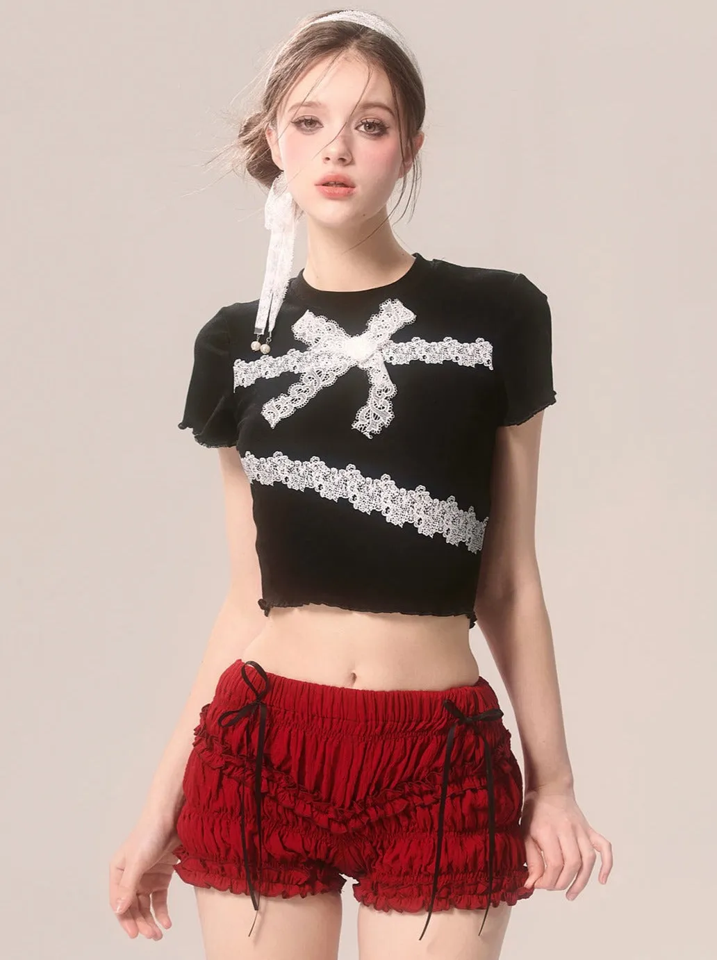 Ruffle Cherry Shorts Red