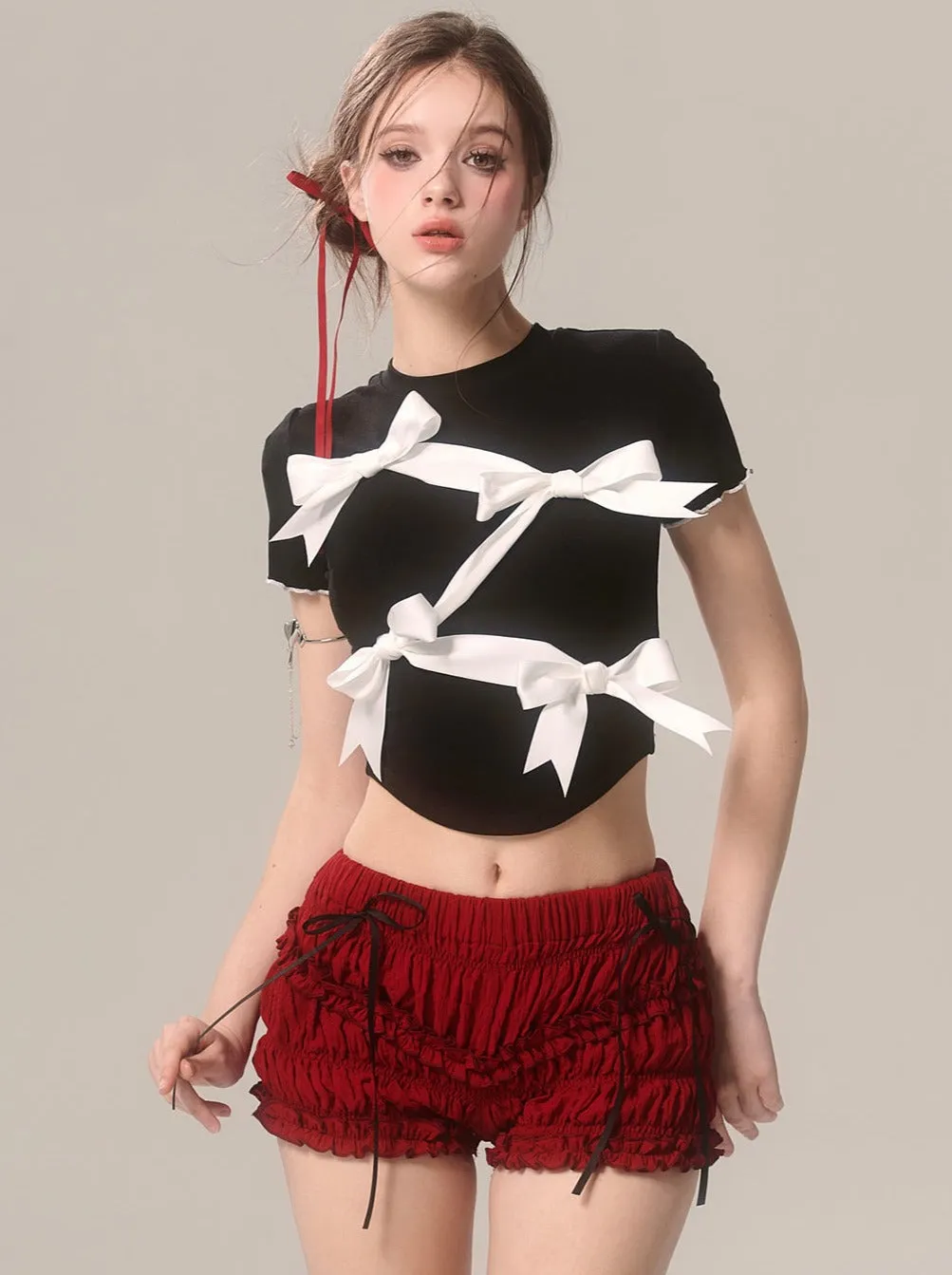 Ruffle Cherry Shorts Red