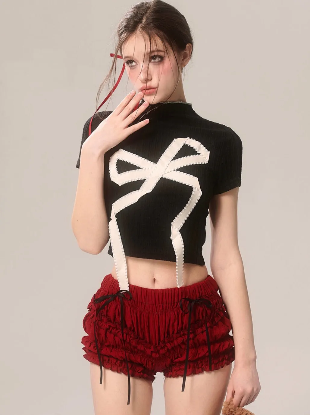 Ruffle Cherry Shorts Red