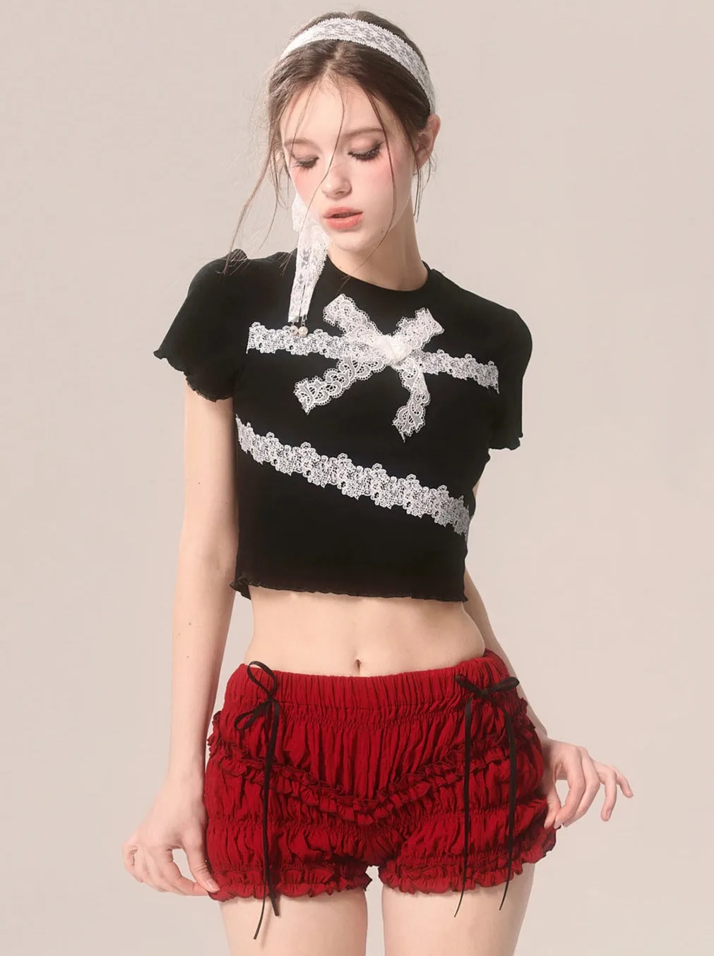 Ruffle Cherry Shorts Red