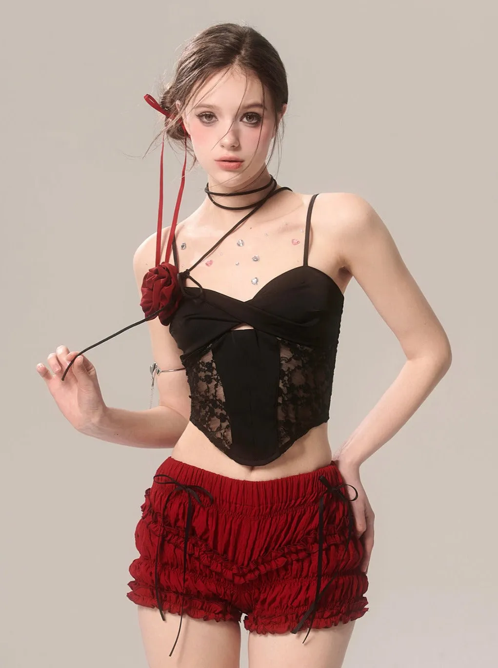 Ruffle Cherry Shorts Red