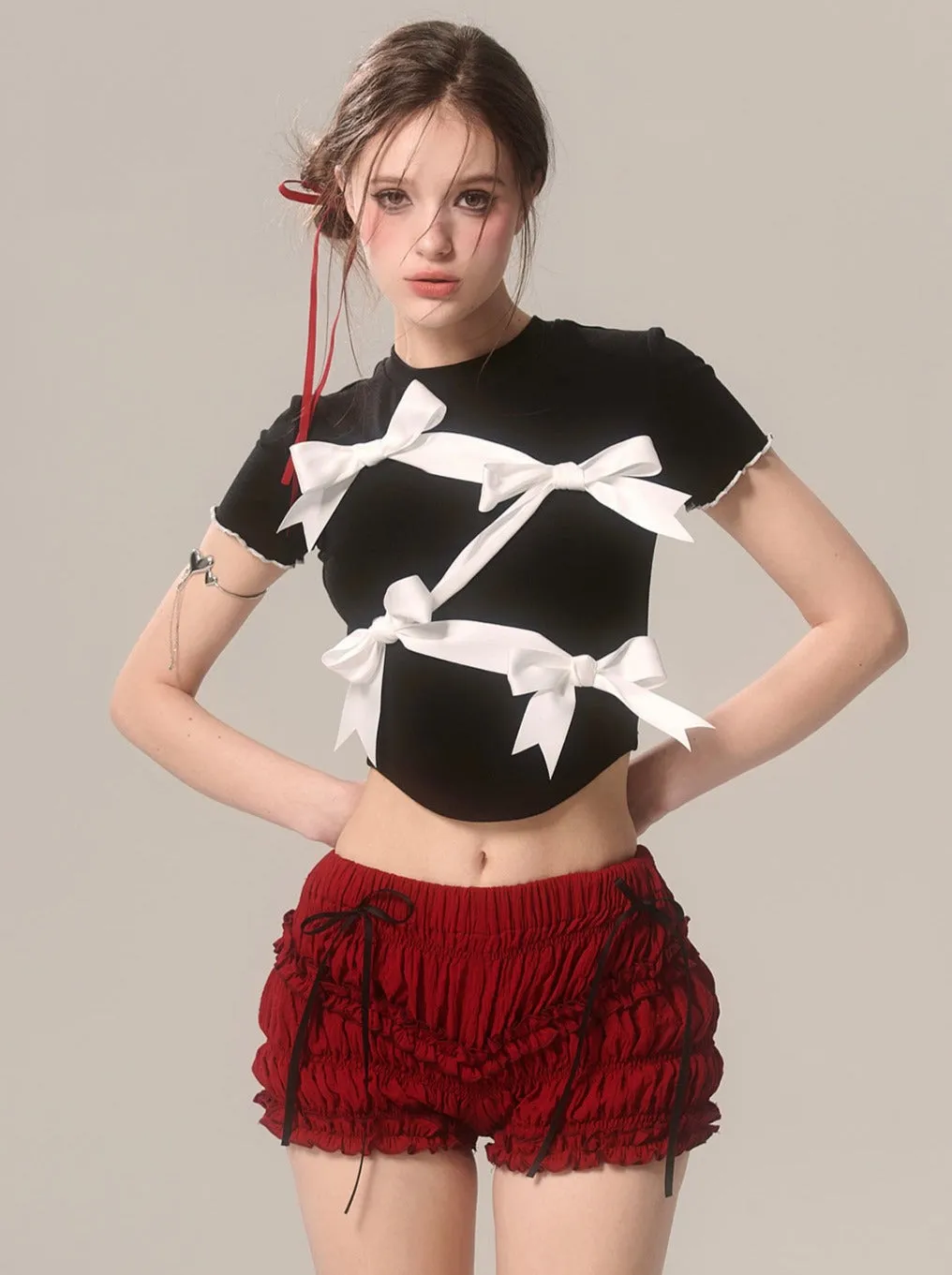 Ruffle Cherry Shorts Red
