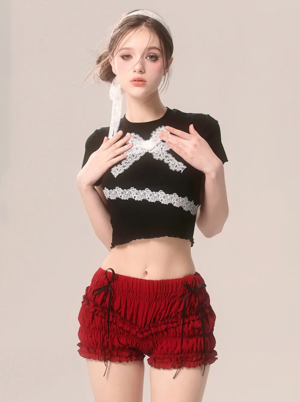 Ruffle Cherry Shorts Red