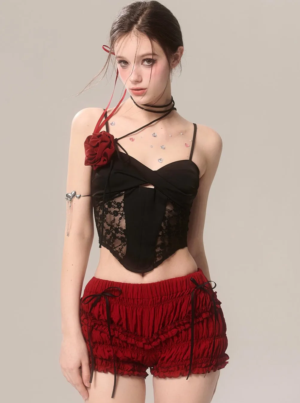 Ruffle Cherry Shorts Red