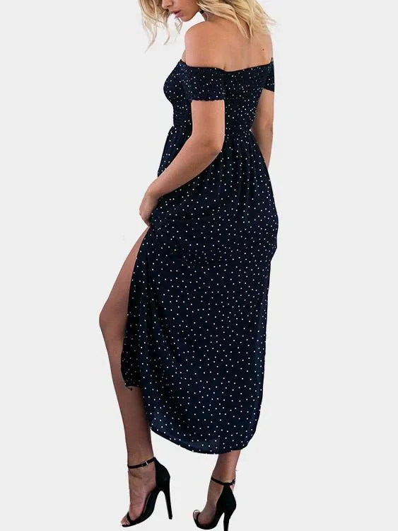 Wholesale Black Off The Shoulder Short Sleeve Polka Dot Slit Hem Maxi Dress