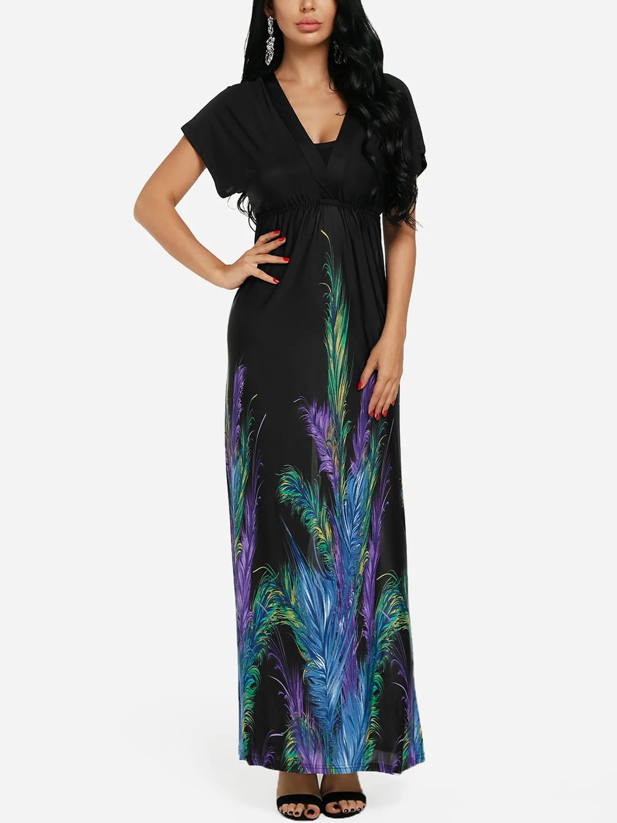 Wholesale Black V-Neck Short Sleeve Printed Lace Flounced Hem Maxi Dress